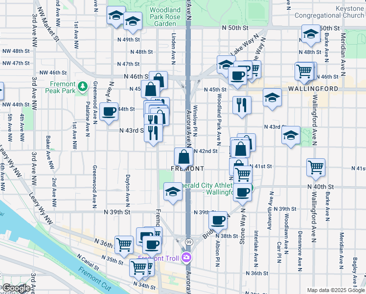 map of restaurants, bars, coffee shops, grocery stores, and more near 4201 Aurora Avenue North in Seattle