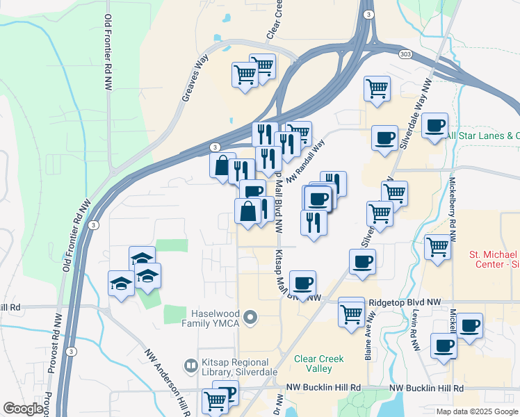 map of restaurants, bars, coffee shops, grocery stores, and more near 3201 Northwest Randall Way in Silverdale