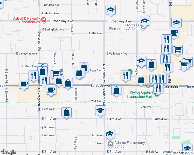 map of restaurants, bars, coffee shops, grocery stores, and more near 14603 East Riverside Avenue in Spokane Valley