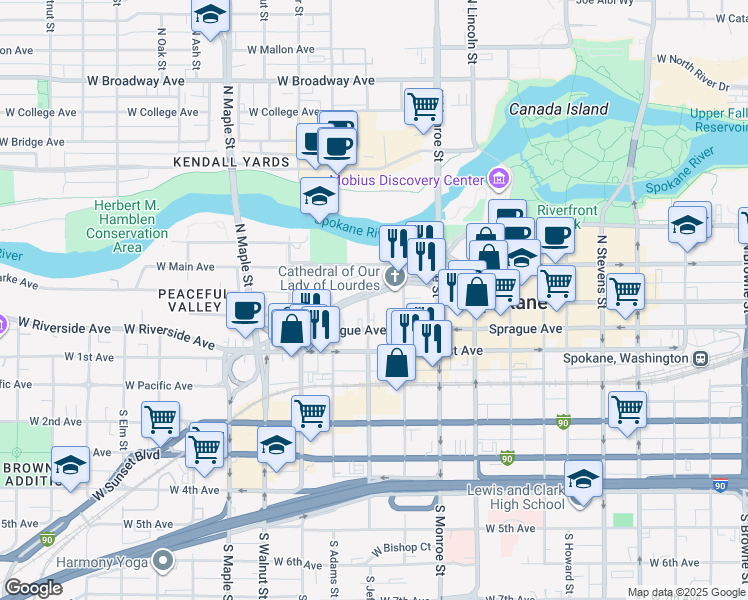 map of restaurants, bars, coffee shops, grocery stores, and more near 1129 West Riverside Avenue in Spokane