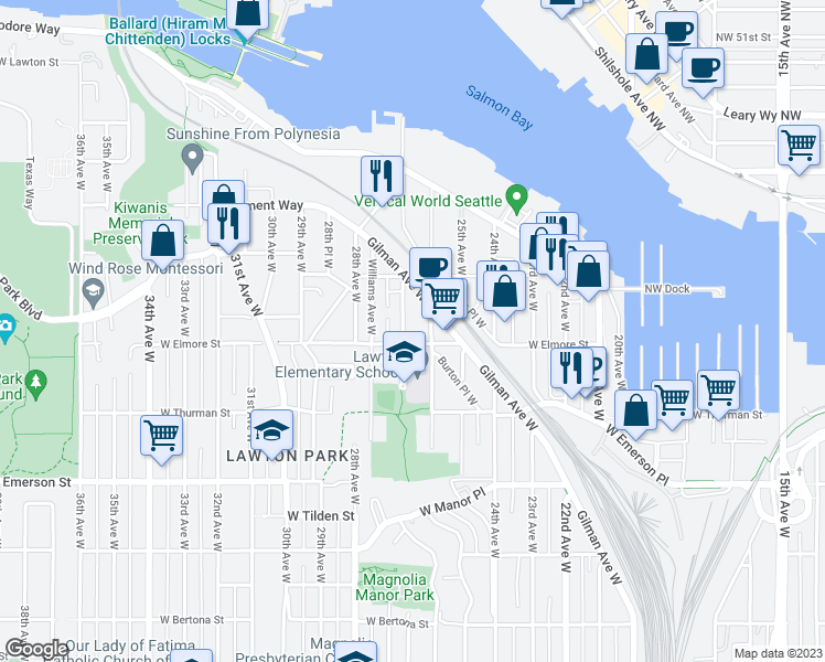 map of restaurants, bars, coffee shops, grocery stores, and more near 4210 27th Avenue West in Seattle