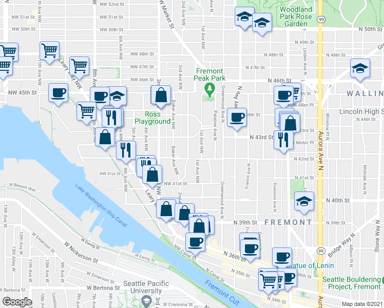 map of restaurants, bars, coffee shops, grocery stores, and more near 4206 2nd Avenue Northwest in Seattle