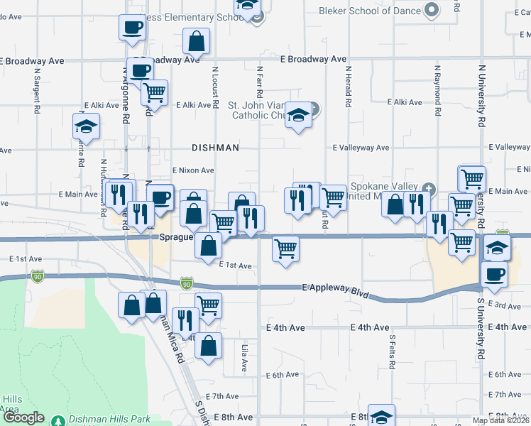 map of restaurants, bars, coffee shops, grocery stores, and more near 104 North Farr Road in Spokane Valley