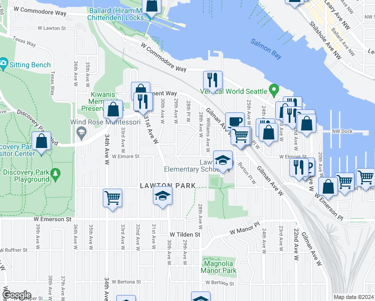 map of restaurants, bars, coffee shops, grocery stores, and more near 4214 28th Place West in Seattle