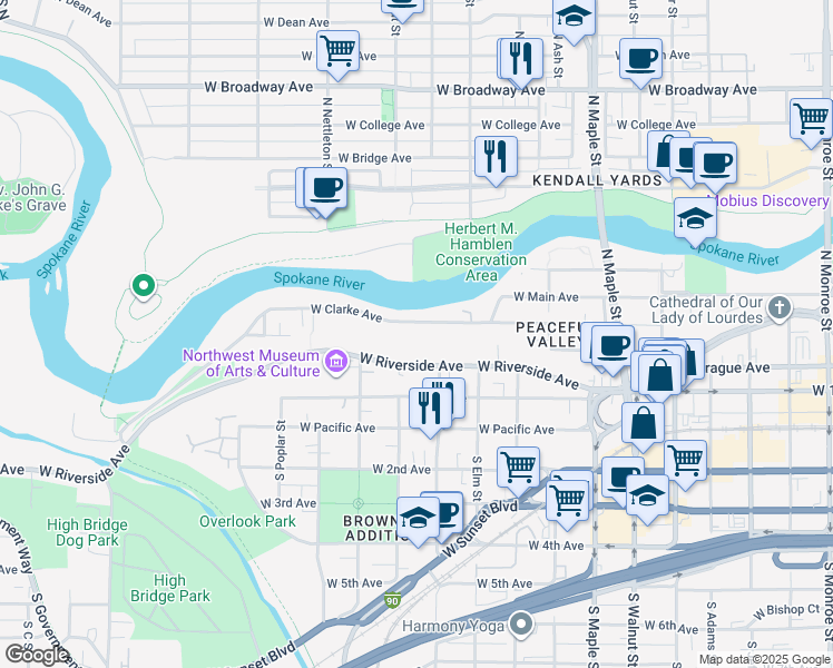map of restaurants, bars, coffee shops, grocery stores, and more near 2017 West Clarke Avenue in Spokane
