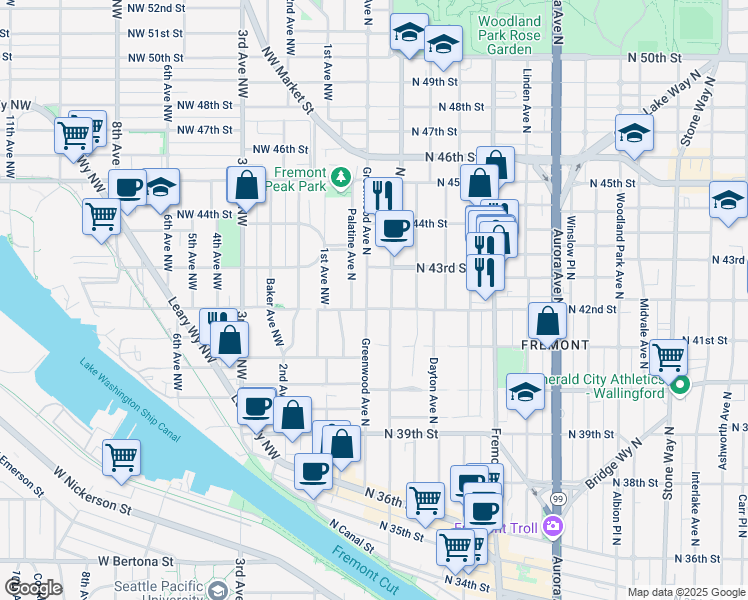 map of restaurants, bars, coffee shops, grocery stores, and more near 4206 Greenwood Avenue North in Seattle