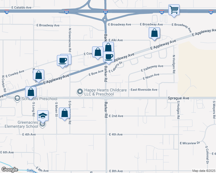 map of restaurants, bars, coffee shops, grocery stores, and more near 110 North Barker Road in Spokane Valley