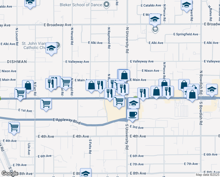 map of restaurants, bars, coffee shops, grocery stores, and more near 30 North Raymond Road in Spokane Valley