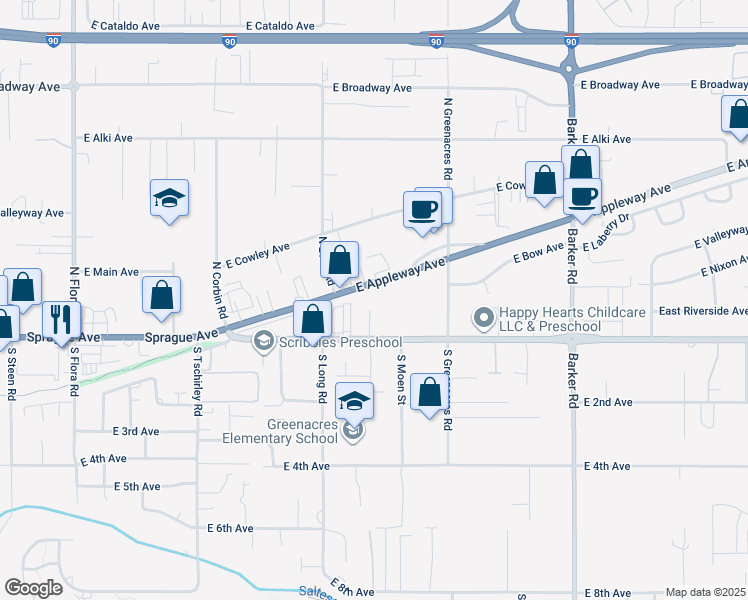 map of restaurants, bars, coffee shops, grocery stores, and more near 18 North Arties Court in Spokane Valley