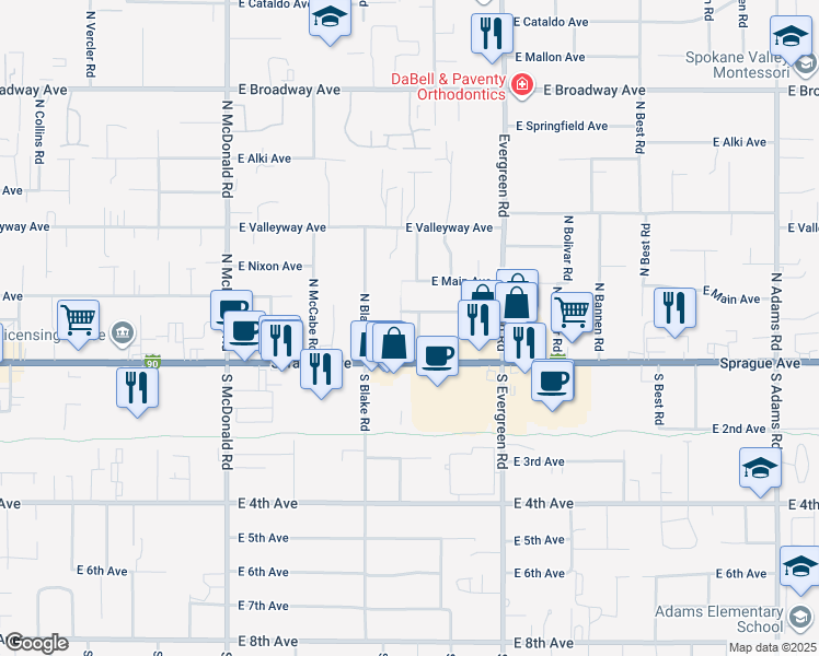 map of restaurants, bars, coffee shops, grocery stores, and more near 111 North Mayhew Road in Spokane Valley