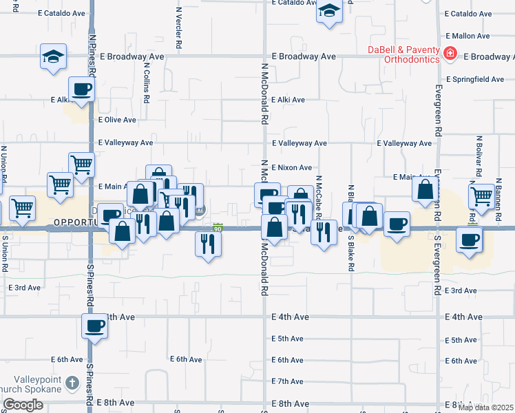 map of restaurants, bars, coffee shops, grocery stores, and more near 105 North McDonald Road in Spokane Valley
