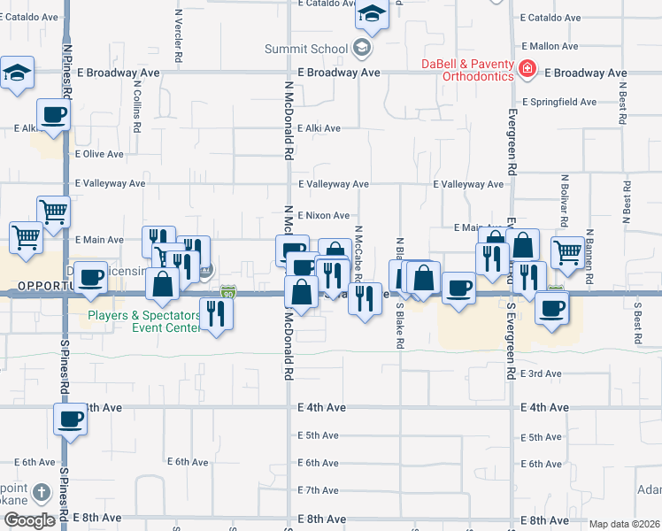 map of restaurants, bars, coffee shops, grocery stores, and more near 102 North Clinton Road in Spokane Valley
