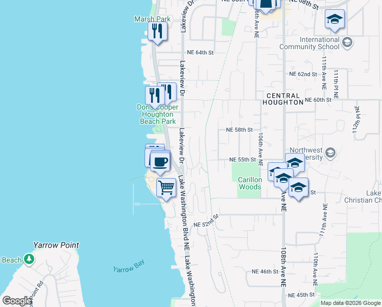 map of restaurants, bars, coffee shops, grocery stores, and more near 5604 Lakeview Drive in Kirkland