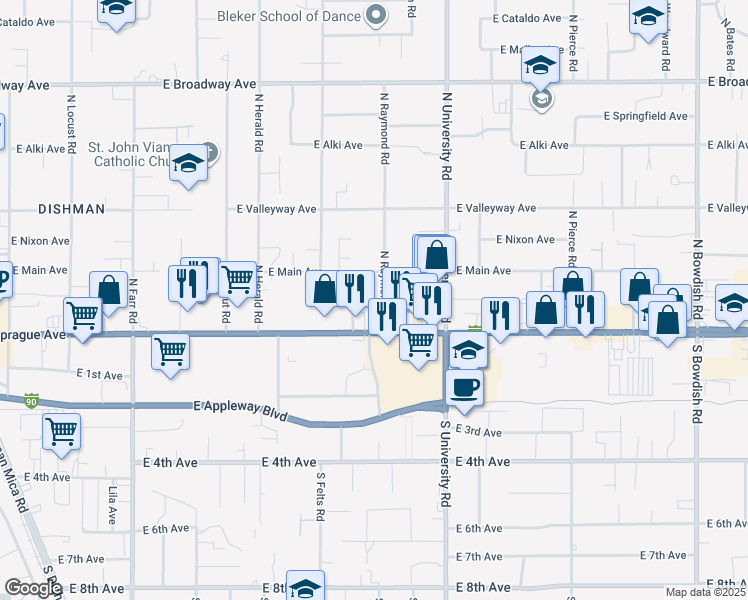 map of restaurants, bars, coffee shops, grocery stores, and more near 30 North Raymond Road in Spokane Valley