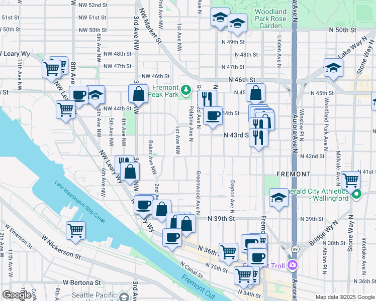 map of restaurants, bars, coffee shops, grocery stores, and more near 4209 Palatine Avenue North in Seattle