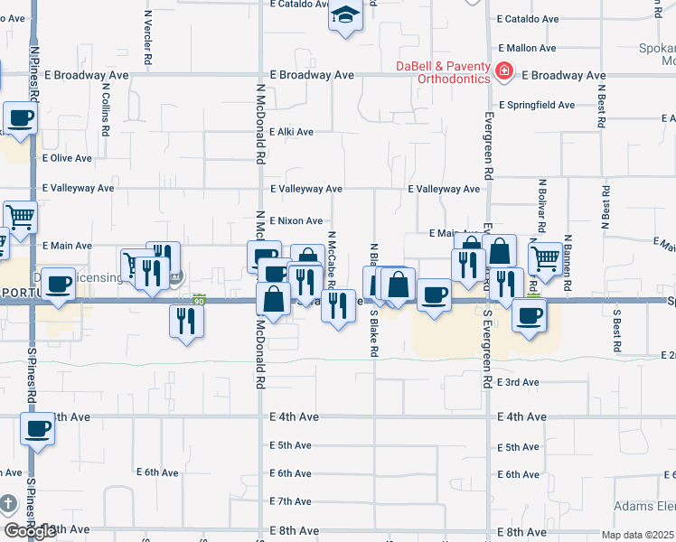 map of restaurants, bars, coffee shops, grocery stores, and more near 102 North McCabe Road in Spokane Valley