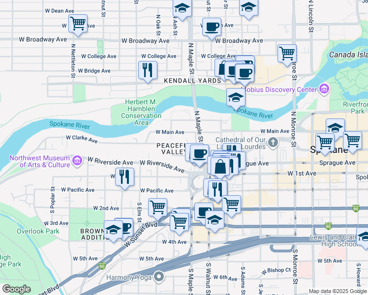 map of restaurants, bars, coffee shops, grocery stores, and more near 1625 West Clarke Avenue in Spokane