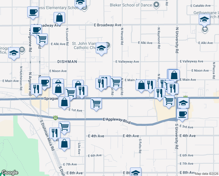 map of restaurants, bars, coffee shops, grocery stores, and more near 105 North Walnut Road in Spokane Valley