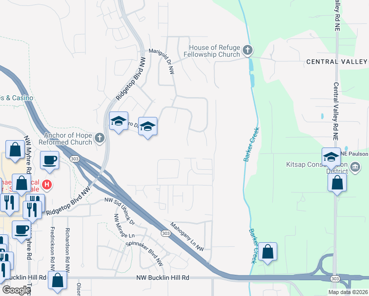 map of restaurants, bars, coffee shops, grocery stores, and more near 10936 Hillsboro Drive Northwest in Silverdale