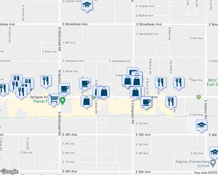 map of restaurants, bars, coffee shops, grocery stores, and more near 113 North Mayhew Road in Spokane Valley