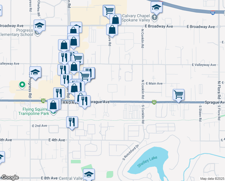 map of restaurants, bars, coffee shops, grocery stores, and more near 15917 East Sprague Avenue in Spokane Valley