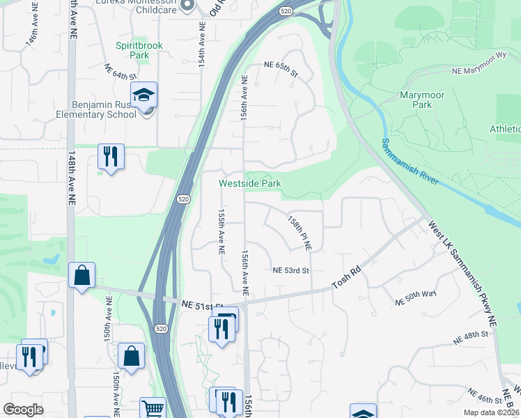 map of restaurants, bars, coffee shops, grocery stores, and more near 15615 Northeast 56th Way in Redmond