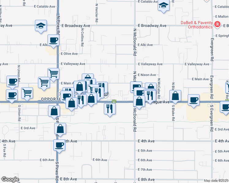 map of restaurants, bars, coffee shops, grocery stores, and more near 12807 East Sprague Avenue in Spokane Valley