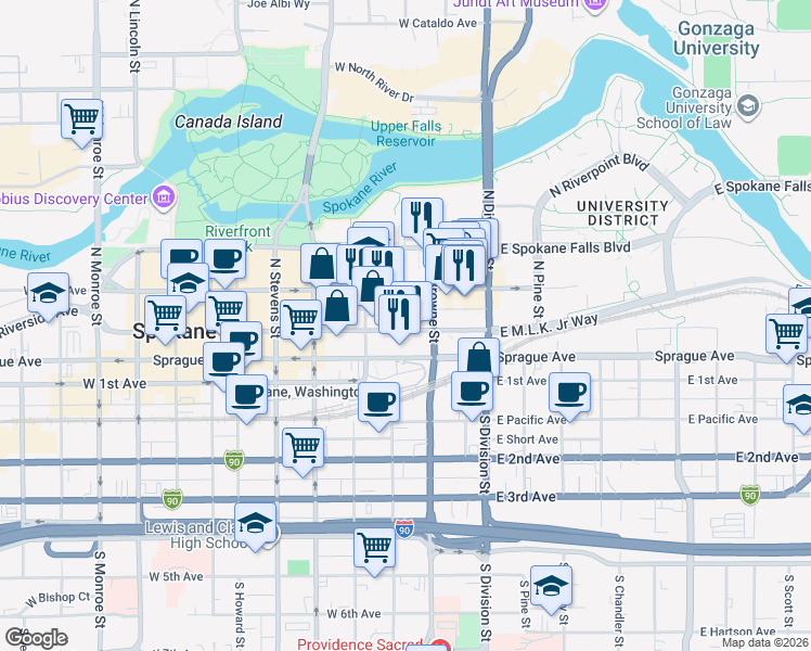 map of restaurants, bars, coffee shops, grocery stores, and more near 224 West Riverside Avenue in Spokane