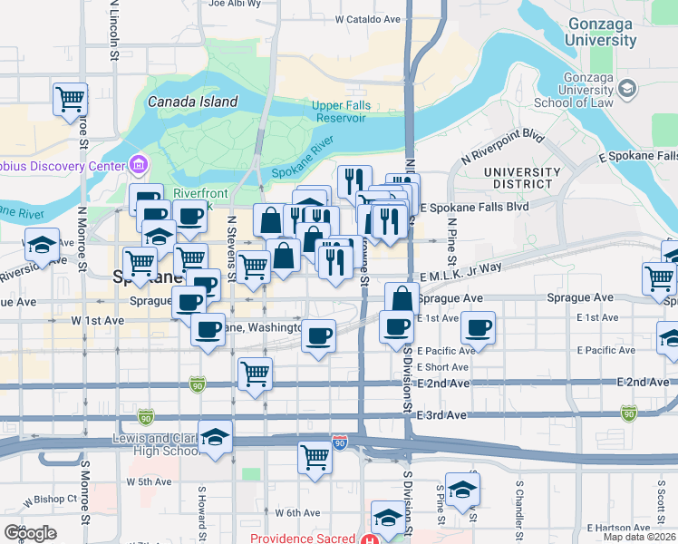 map of restaurants, bars, coffee shops, grocery stores, and more near 224 West Riverside Avenue in Spokane