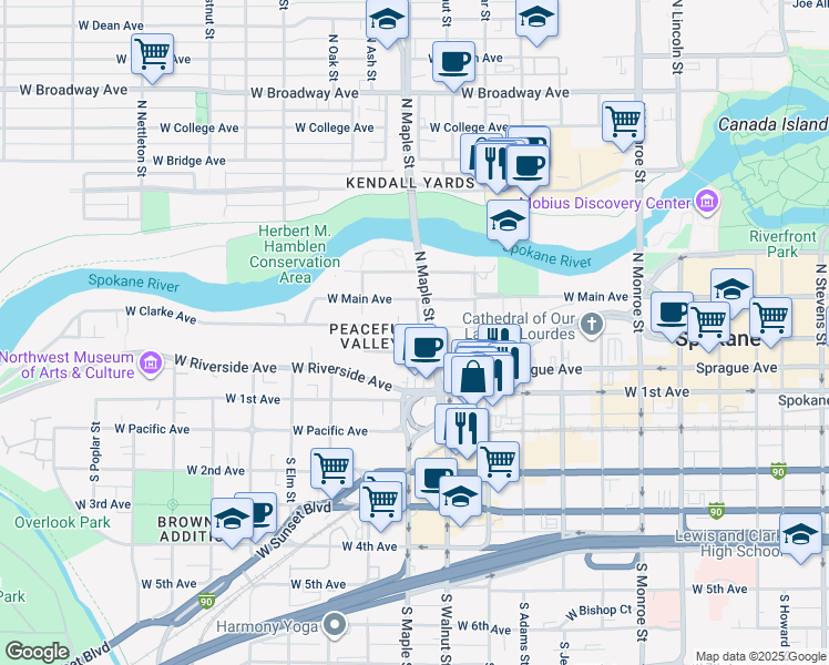 map of restaurants, bars, coffee shops, grocery stores, and more near 1519 West Clarke Avenue in Spokane