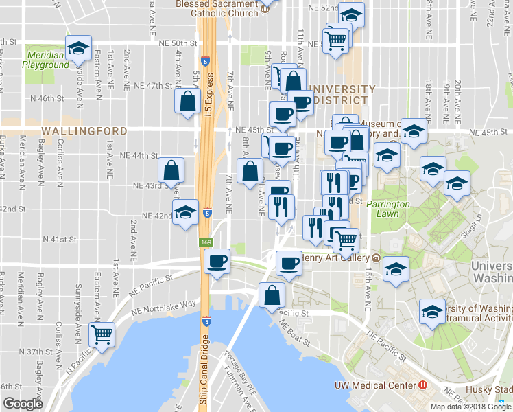 map of restaurants, bars, coffee shops, grocery stores, and more near 4217a 9th Avenue Northeast in Seattle