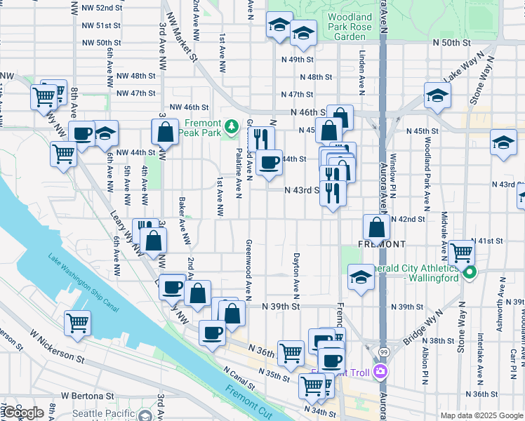 map of restaurants, bars, coffee shops, grocery stores, and more near 4206 Greenwood Avenue North in Seattle