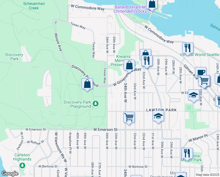 map of restaurants, bars, coffee shops, grocery stores, and more near 3505 West Government Way in Seattle