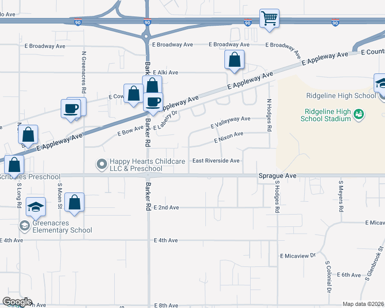 map of restaurants, bars, coffee shops, grocery stores, and more near 104 North Harmony Road in Spokane Valley