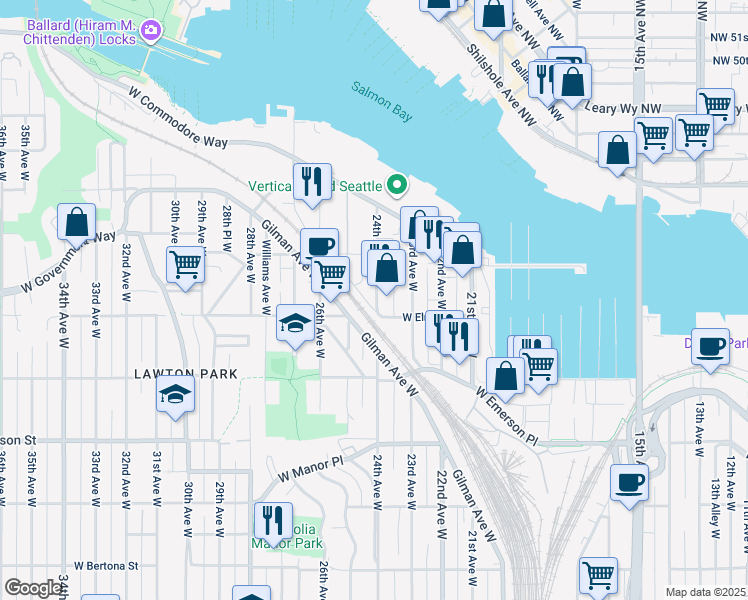map of restaurants, bars, coffee shops, grocery stores, and more near 4203 24th Avenue West in Seattle