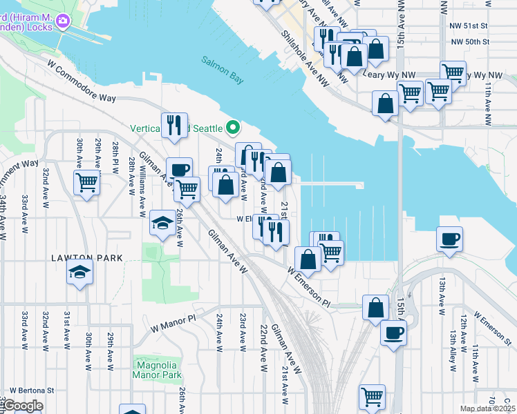 map of restaurants, bars, coffee shops, grocery stores, and more near 4211 22nd Avenue West in Seattle