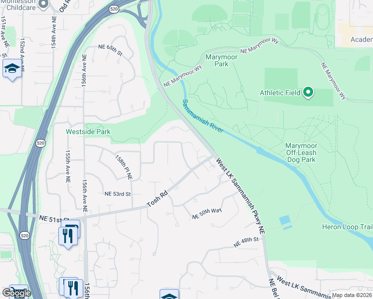 map of restaurants, bars, coffee shops, grocery stores, and more near 5608 162nd Avenue Northeast in Redmond