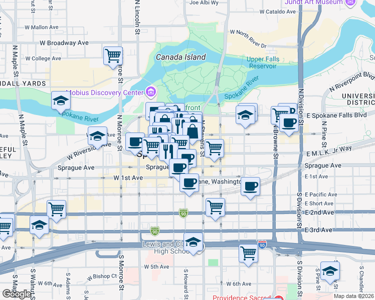map of restaurants, bars, coffee shops, grocery stores, and more near in Spokane