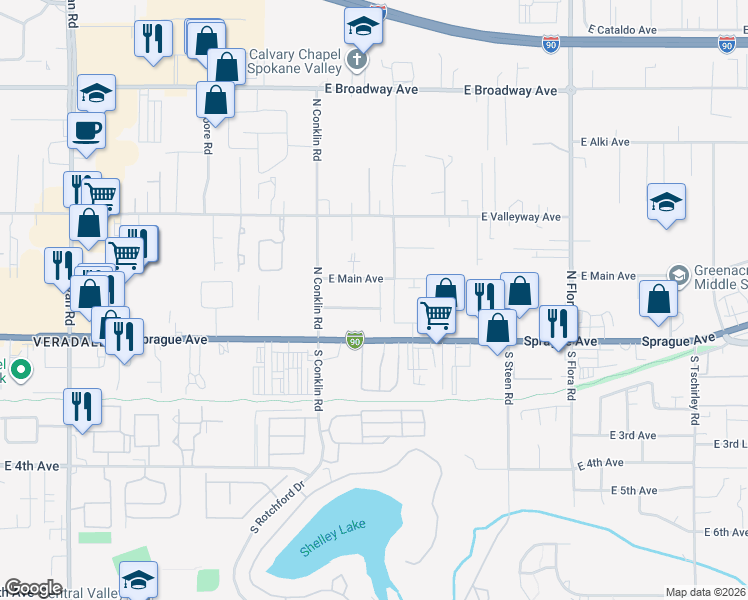 map of restaurants, bars, coffee shops, grocery stores, and more near 16427 East Riverside Avenue in Spokane Valley