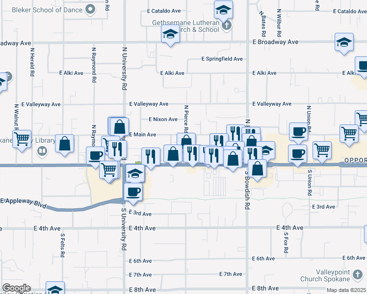 map of restaurants, bars, coffee shops, grocery stores, and more near 112 North Gillis Road in Spokane Valley