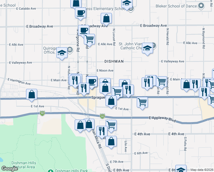 map of restaurants, bars, coffee shops, grocery stores, and more near 111 North Locust Road in Spokane Valley