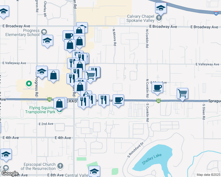 map of restaurants, bars, coffee shops, grocery stores, and more near 15901 East Sprague Avenue in Spokane Valley