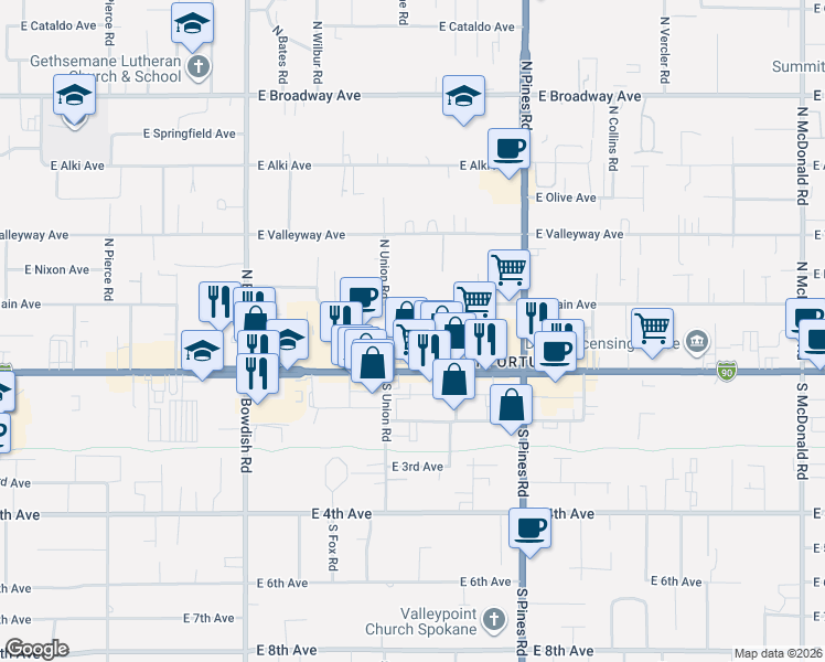 map of restaurants, bars, coffee shops, grocery stores, and more near 23 North Perrine Road in Spokane Valley