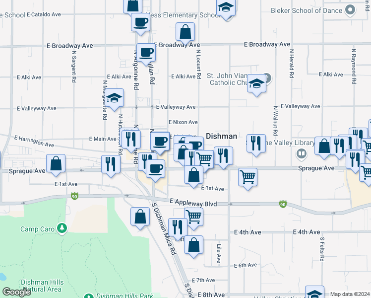map of restaurants, bars, coffee shops, grocery stores, and more near 22 North Willow Road in Spokane Valley