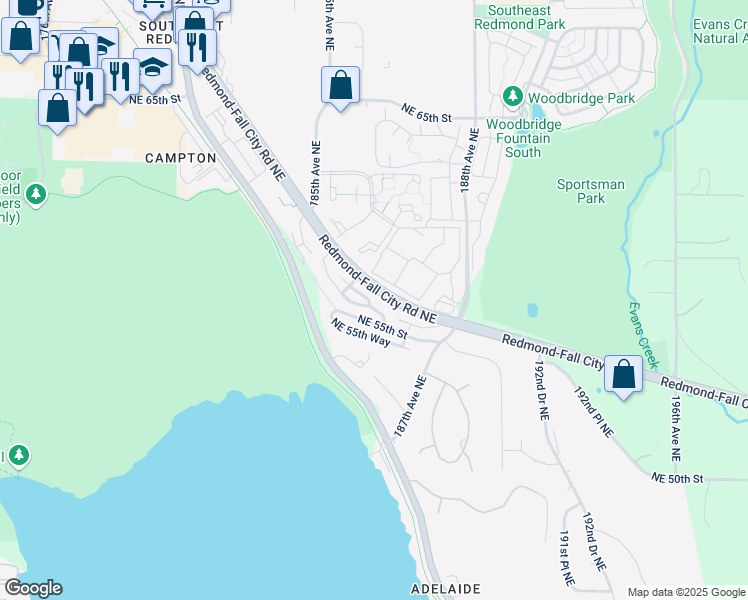 map of restaurants, bars, coffee shops, grocery stores, and more near 18617 Northeast 57th Street in Redmond