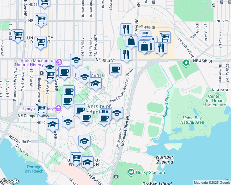 map of restaurants, bars, coffee shops, grocery stores, and more near 4200 Whitman Court Northeast in Seattle