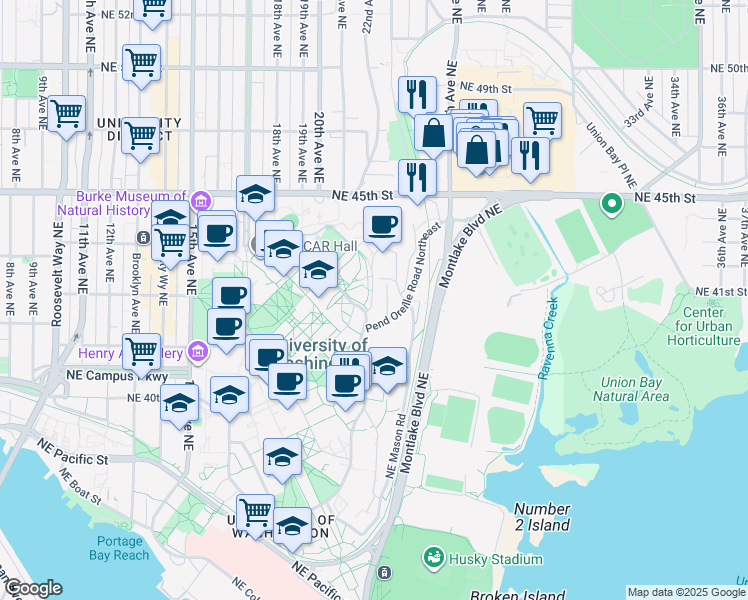 map of restaurants, bars, coffee shops, grocery stores, and more near 4200 Whitman Court Northeast in Seattle