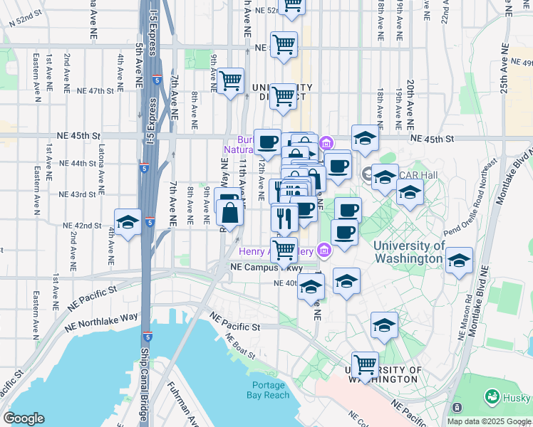 map of restaurants, bars, coffee shops, grocery stores, and more near in Seattle