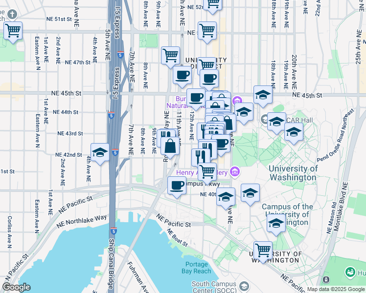 map of restaurants, bars, coffee shops, grocery stores, and more near 4139 12th Avenue Northeast in Seattle