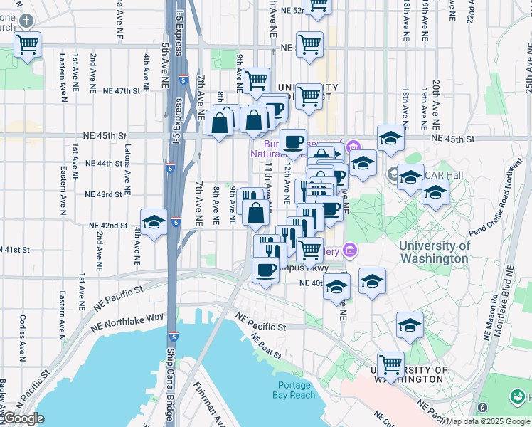 map of restaurants, bars, coffee shops, grocery stores, and more near 4132 Roosevelt Way Northeast in Seattle